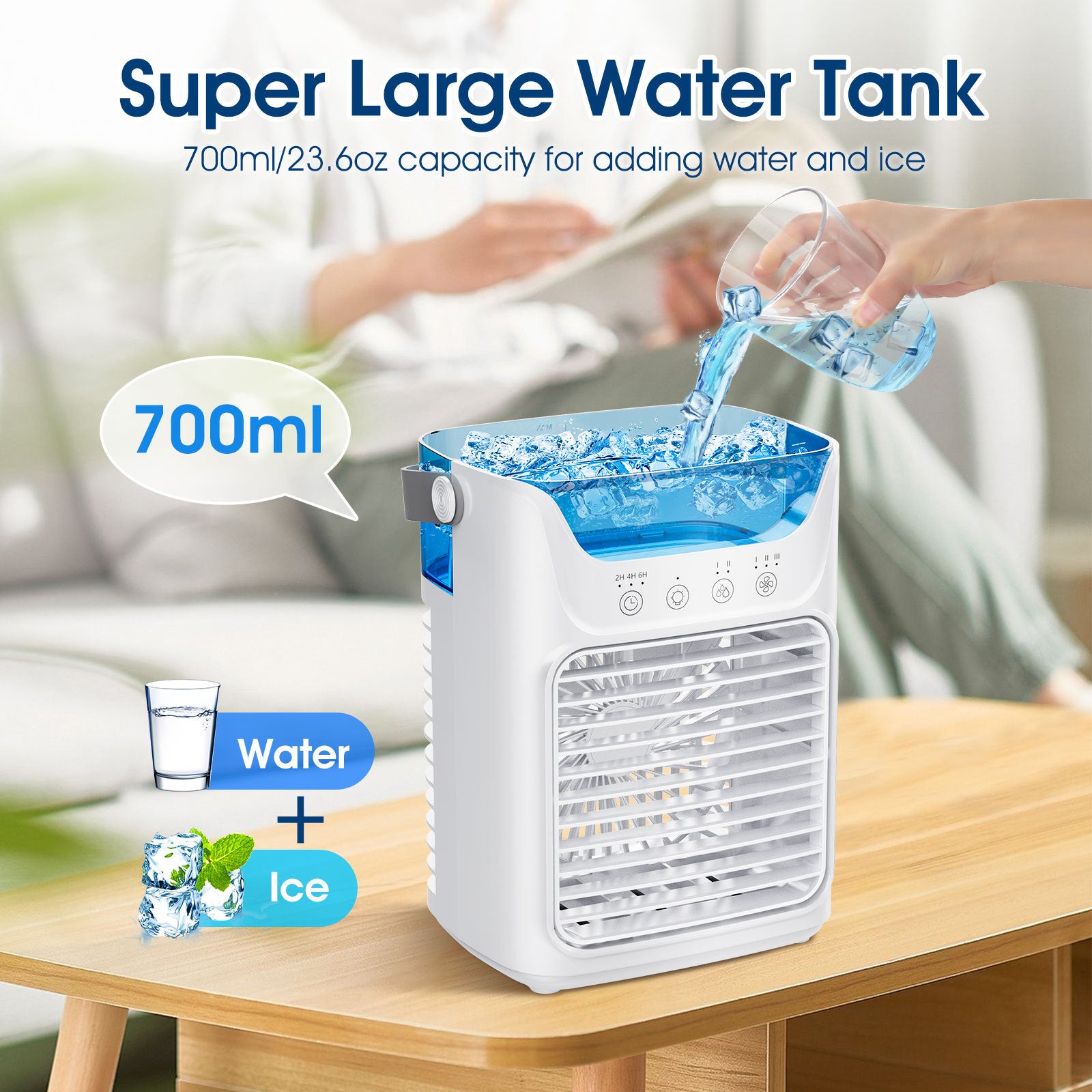 Mobil luftkonditionering, 700 ml mini luftkonditionering, bärbar mobil luftkonditionering 4 i 1 med USB, med timer på 2/4/6 timmar, 3 hastigheter och 2 dimlägen, 7 färger, mini luftkylare för hemmet, kontoret